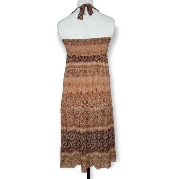 Earthy Brown Patterned Halter Dress Midi Length Smocked Nature Witch Fairy Core - Picture 3 of 9
